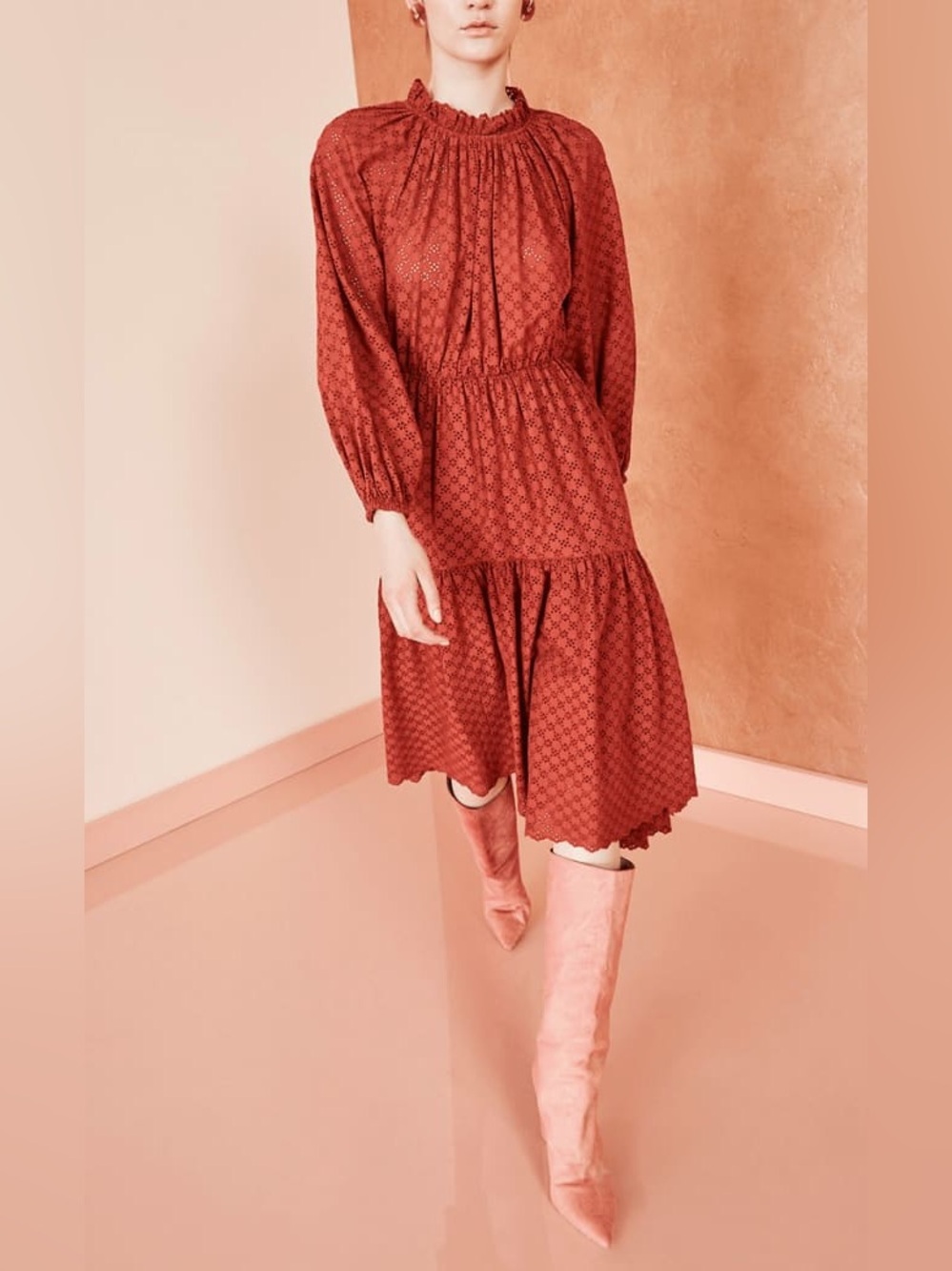 Ulla Johnson Ambre Midi Dress Umber Eyelet Long Sleeve Poplin Rust Size 2 Fall